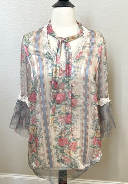 Anna Sui Floral Sheer Lace Tie Neck Tunic Blouse Top SZ 6 Boho Cottage Core